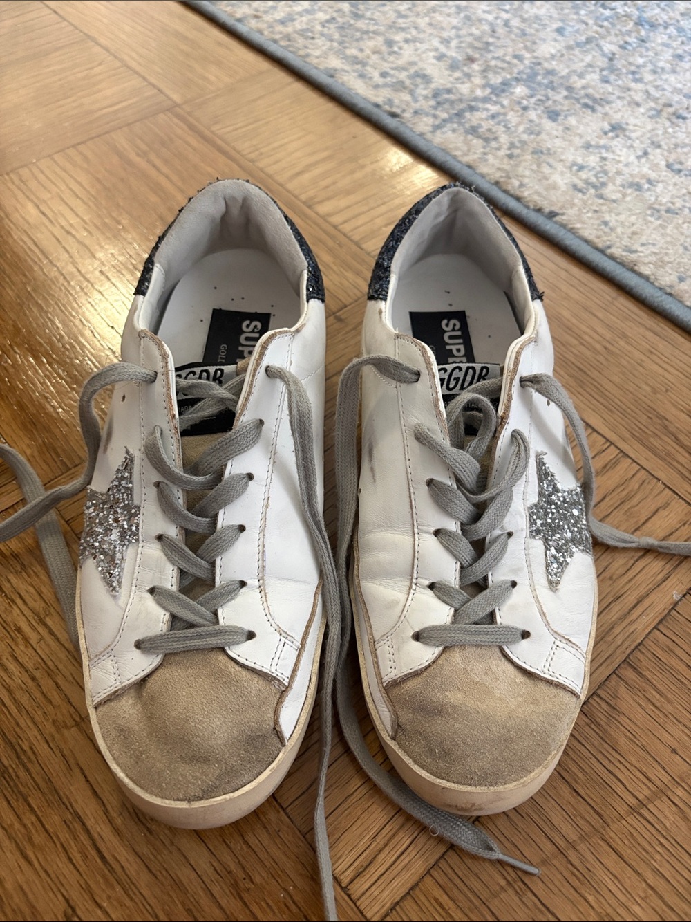 Golden Goose White Leather Sneakers with Silver Glitter Star